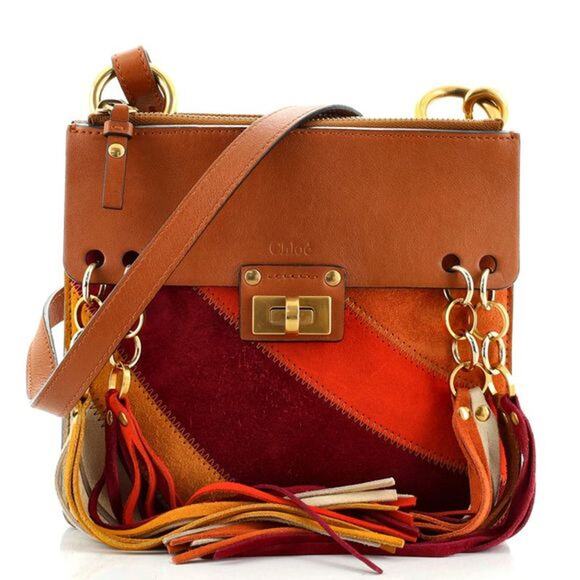 Chloe Jane Caramel Calfskin Suede Fringe Rainbow Patchwork Crossbody Satchel Bag - Picture 1 of 7